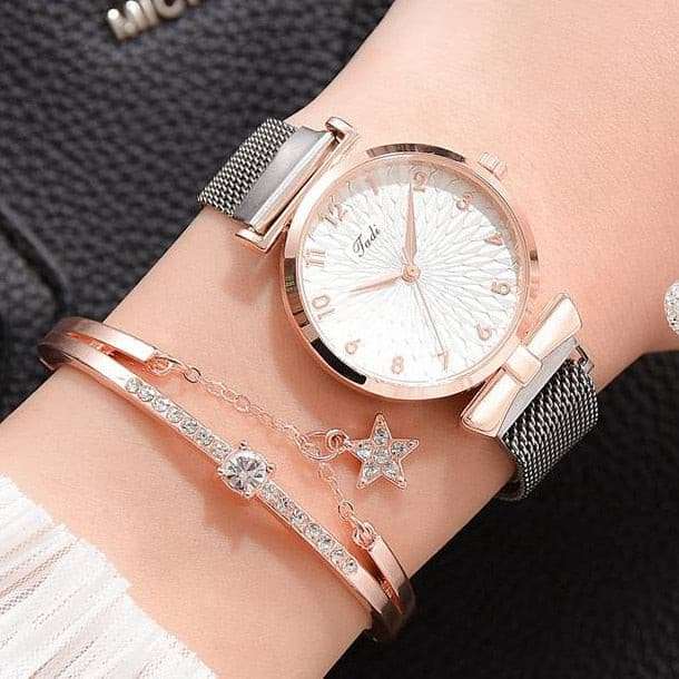Luxury Magnetic Pink Dial Bracelet Quartz Watch watch & bracelet set gifting by julia m Magnet Silver Set