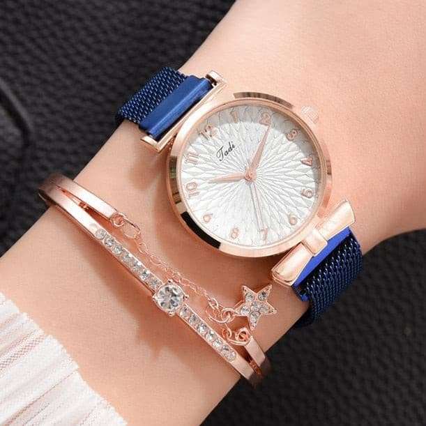 Luxury Magnetic Pink Dial Bracelet Quartz Watch watch & bracelet set gifting by julia m Magnet Blue Set