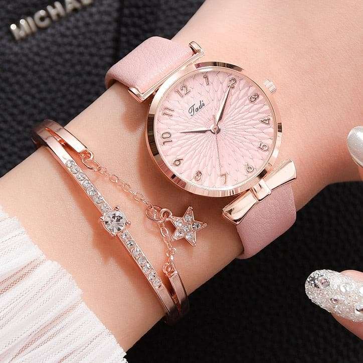 Luxury Magnetic Pink Dial Bracelet Quartz Watch watch & bracelet set gifting by julia m Leather Pink Set