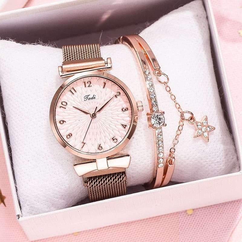 Luxury Magnetic Pink Dial Bracelet Quartz Watch watch & bracelet set gifting by julia m