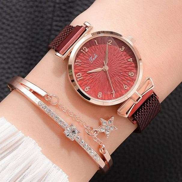 Luxury Magnetic Pink Dial Bracelet Quartz Watch watch & bracelet set gifting by julia m Magnet Red Set