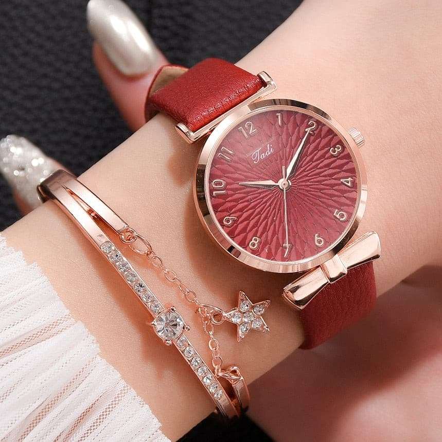 Luxury Magnetic Pink Dial Bracelet Quartz Watch watch & bracelet set gifting by julia m Leather Red Set