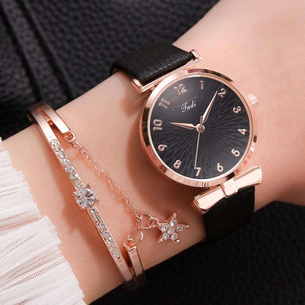 Luxury Magnetic Pink Dial Bracelet Quartz Watch watch & bracelet set gifting by julia m Leather Black Set