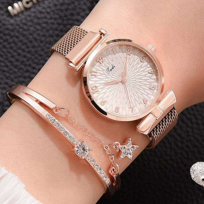 Luxury Magnetic Pink Dial Bracelet Quartz Watch watch & bracelet set gifting by julia m Magnet Rose Set