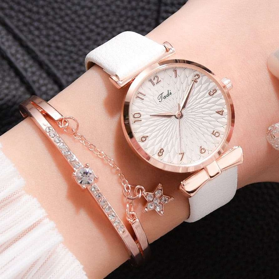 Luxury Magnetic Pink Dial Bracelet Quartz Watch watch & bracelet set gifting by julia m Leather White Set