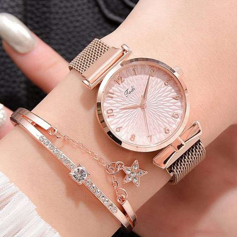 Luxury Magnetic Pink Dial Bracelet Quartz Watch watch & bracelet set gifting by julia m