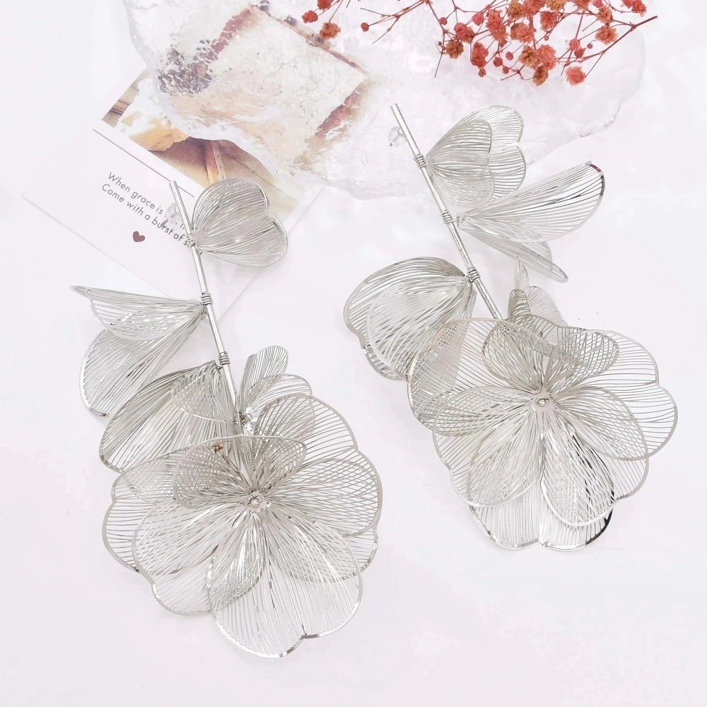 Romantic Sweet and Fashionable Alloy Hollow Petal Long Earrings Bridal Party Wedding Jewelry Gifts Gifting By Julia M