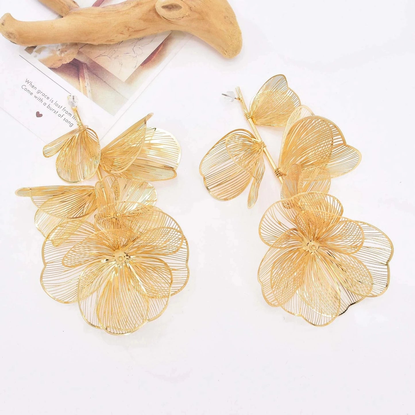 Romantic Sweet and Fashionable Alloy Hollow Petal Long Earrings Bridal Party Wedding Jewelry Gifts Gifting By Julia M