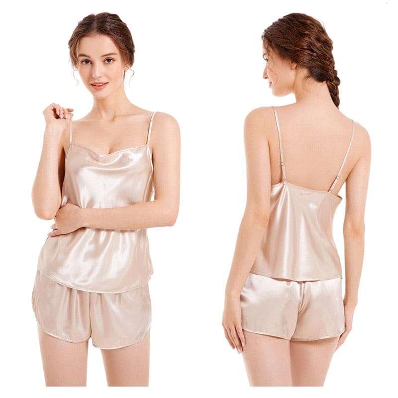 Satin Cami Top and Shorts Pajama Set Pajamas gifting by julia m champagne S