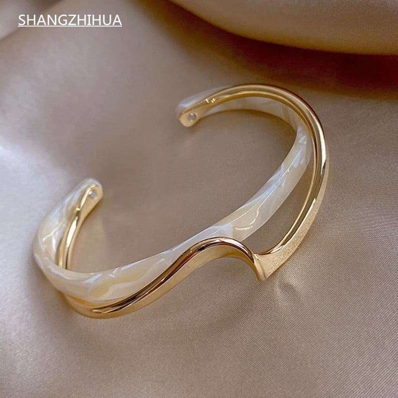 White Shellfish Geometric Overlap Open Bangle Bracelets Gifting By Julia M
