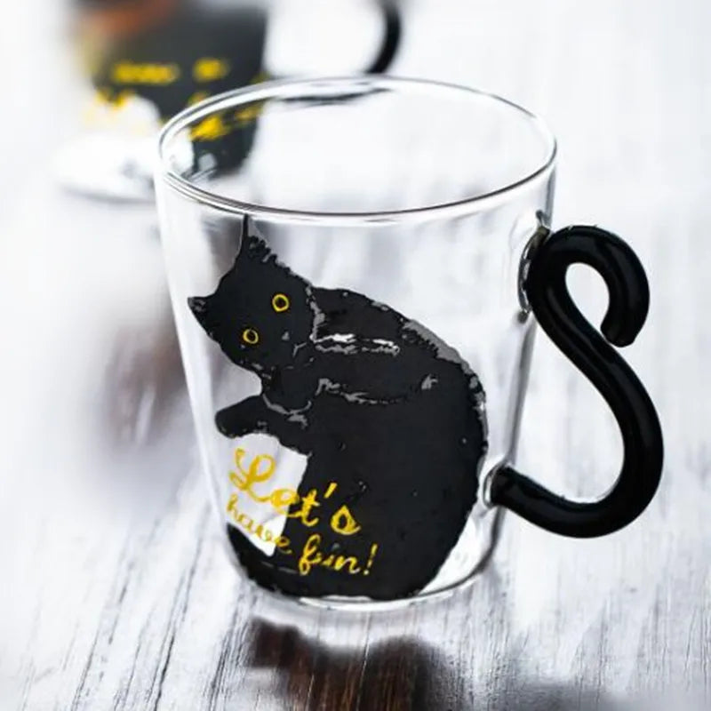 Cute Black Cat Glass Mug Set - 250ml Japanese Style Kawaii Gift Coffee Mugs Gifting By Julia M Black Cat 2 250ml