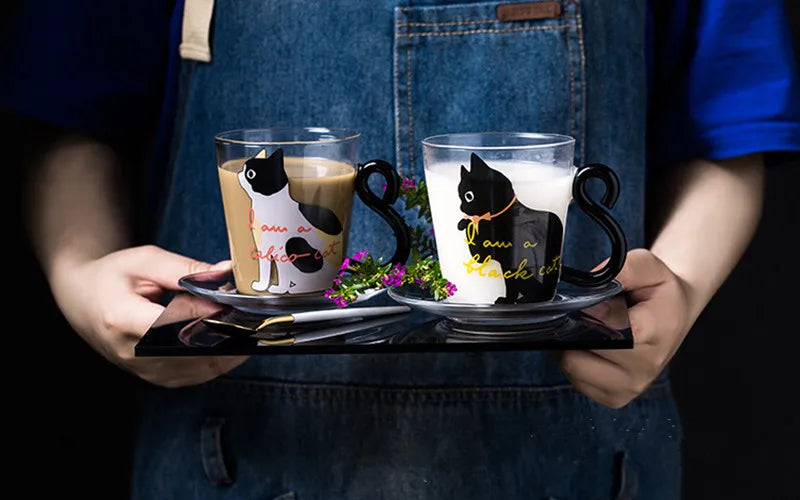 Cute Black Cat Glass Mug Set - 250ml Japanese Style Kawaii Gift Coffee Mugs Gifting By Julia M