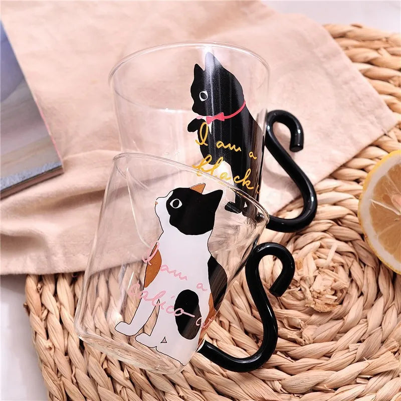 Cute Black Cat Glass Mug Set - 250ml Japanese Style Kawaii Gift Coffee Mugs Gifting By Julia M