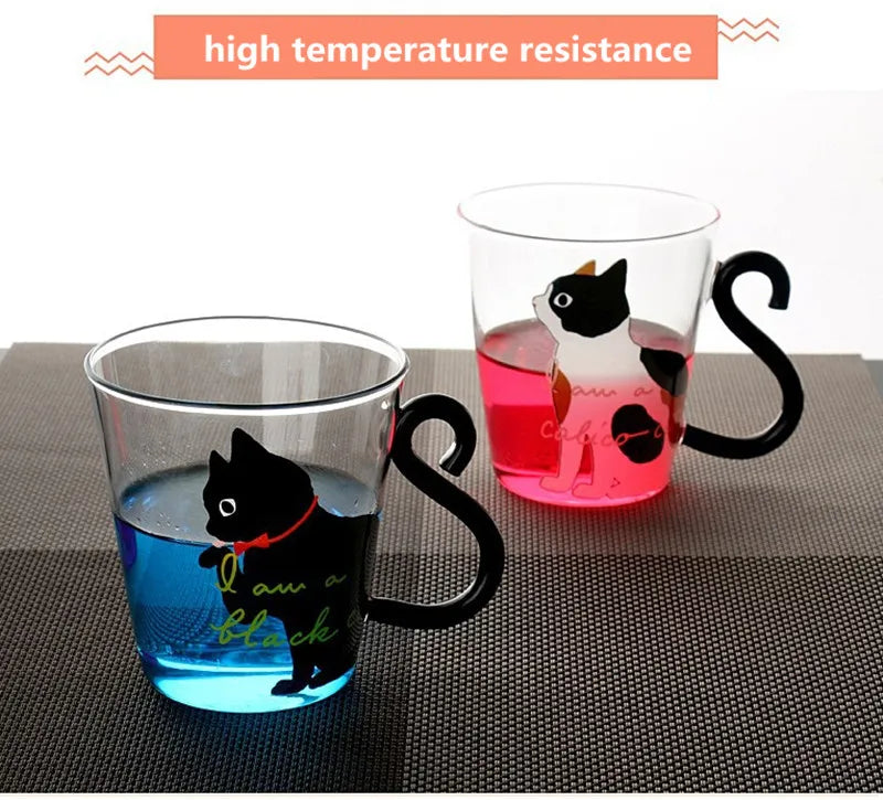 Cute Black Cat Glass Mug Set - 250ml Japanese Style Kawaii Gift Coffee Mugs Gifting By Julia M