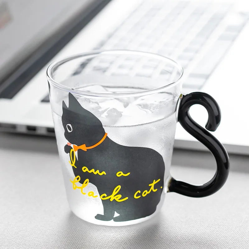 Cute Black Cat Glass Mug Set - 250ml Japanese Style Kawaii Gift Coffee Mugs Gifting By Julia M