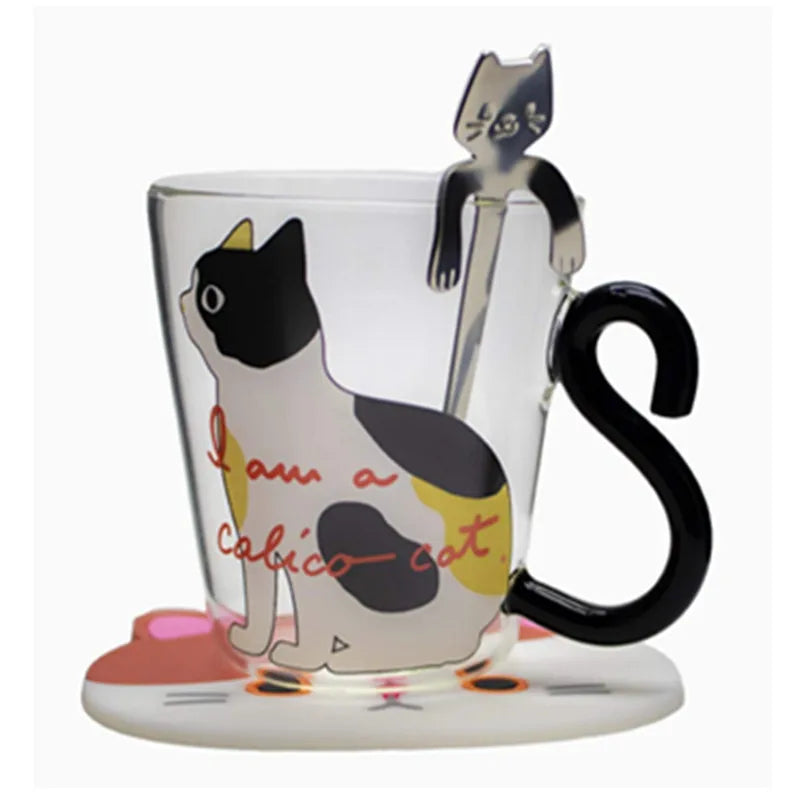 Cute Black Cat Glass Mug Set - 250ml Japanese Style Kawaii Gift Coffee Mugs Gifting By Julia M