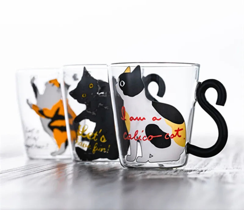 Cute Black Cat Glass Mug Set - 250ml Japanese Style Kawaii Gift Coffee Mugs Gifting By Julia M