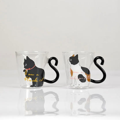 Cute Black Cat Glass Mug Set - 250ml Japanese Style Kawaii Gift Coffee Mugs Gifting By Julia M