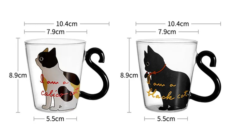 Cute Black Cat Glass Mug Set - 250ml Japanese Style Kawaii Gift Coffee Mugs Gifting By Julia M