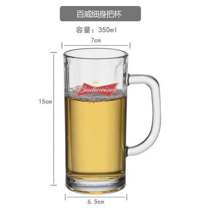 European Style Heat-Resistant Glass Beer Mug - 401ML to 500ML Capacity Craft Beer Mug Gifting By Julia M Budweiser slim handle Cup  