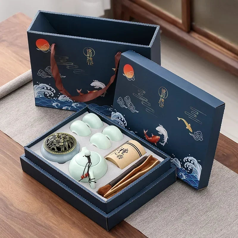 KungFu Tea Set Incense Burner Gift Box Ceremony One Pot Four Cups Can Sandalwood Incense Burner Chinese Ceramic Portable Tea Cup  gifting by julia m A and Tea brush  