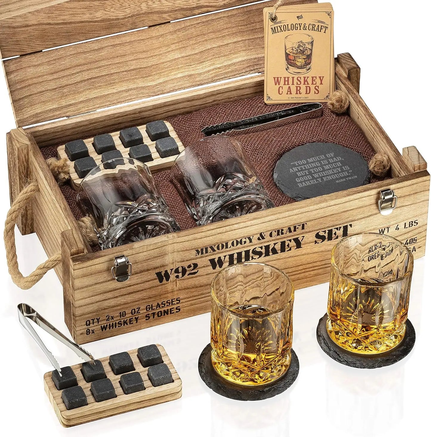 Whiskey Stones Gift Set for Men | Whiskey Glass and Stones Set with Wooden Army Crate, 8 Granite whiskey glass and stones gift set gifting by julia m