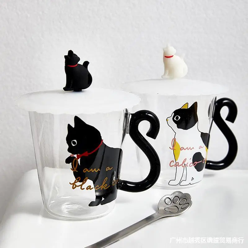 Cute Black Cat Glass Mug Set - 250ml Japanese Style Kawaii Gift Coffee Mugs Gifting By Julia M