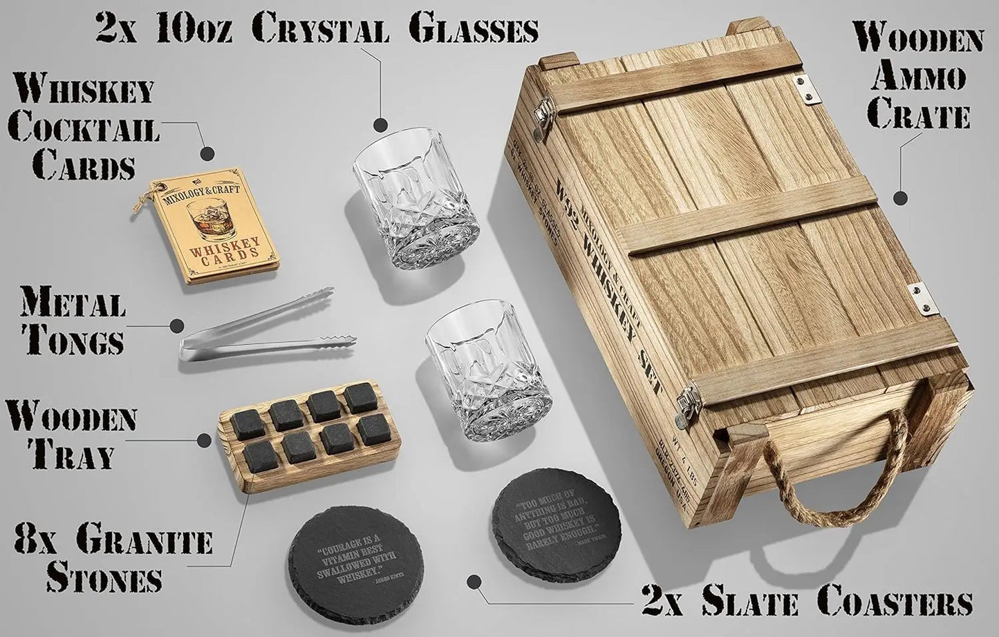 Whiskey Stones Gift Set for Men | Whiskey Glass and Stones Set with Wooden Army Crate, 8 Granite whiskey glass and stones gift set gifting by julia m