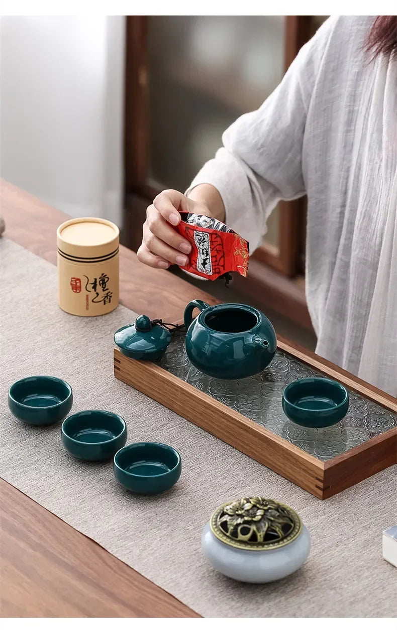 KungFu Tea Set Incense Burner Gift Box Ceremony One Pot Four Cups Can Sandalwood Incense Burner Chinese Ceramic Portable Tea Cup  gifting by julia m   