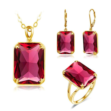 14K Gold Red Ruby Pendant Earrings Ring Set - Gifting By Julia M