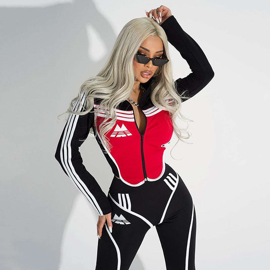 Black and Red High Waist Slim Zipper Striped Yoga Suit - Gifting By Julia M