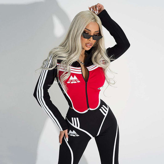 Black and Red High Waist Slim Zipper Striped Yoga Suit Sportswear Gifting By Julia M   