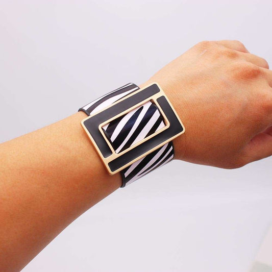 Black White Geometric Metal & Leather Bracelet - Gifting By Julia M