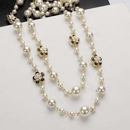 Double Layer Pearls Flower Long Necklace - Gifting By Julia M