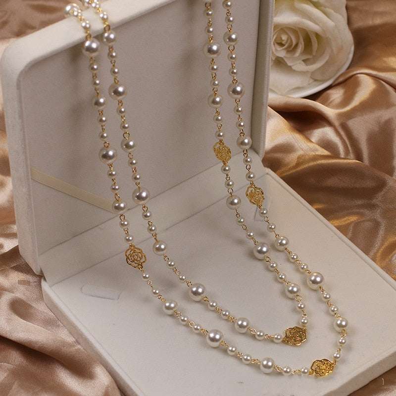 Double Layer Pearls Flower Long Necklace - Gifting By Julia M