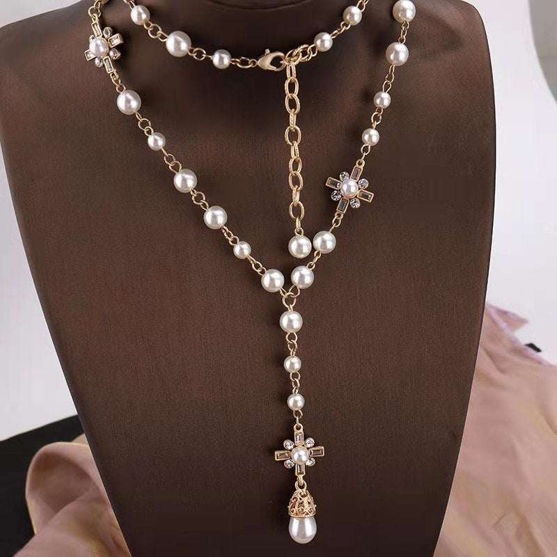 Double Layer Pearls Flower Long Necklace - Gifting By Julia M