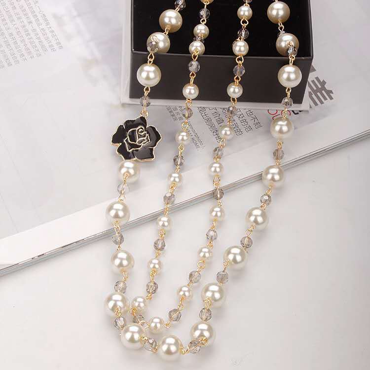 Double Layer Pearls Flower Long Necklace - Gifting By Julia M