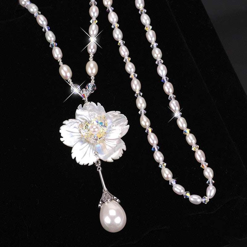 Double Layer Pearls Flower Long Necklace - Gifting By Julia M