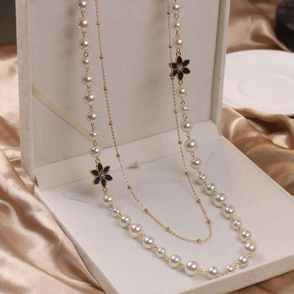 Double Layer Pearls Flower Long Necklace - Gifting By Julia M