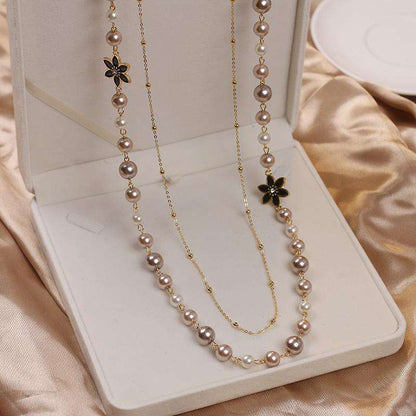 Double Layer Pearls Flower Long Necklace - Gifting By Julia M