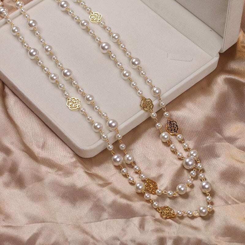 Double Layer Pearls Flower Long Necklace - Gifting By Julia M