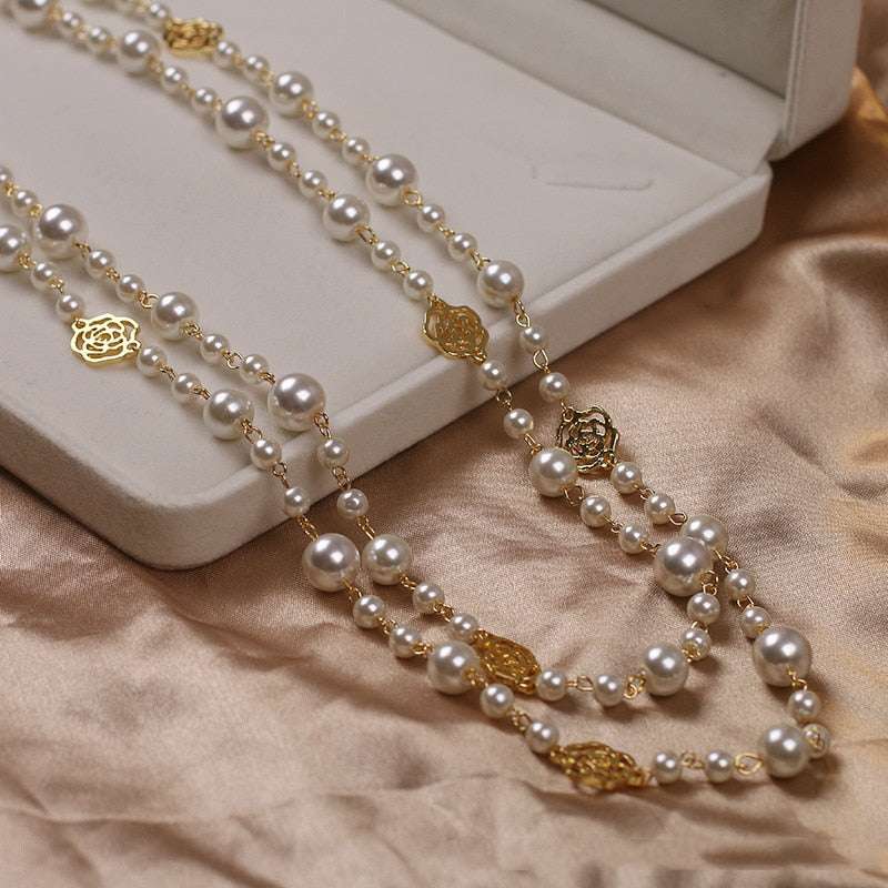 Double Layer Pearls Flower Long Necklace - Gifting By Julia M