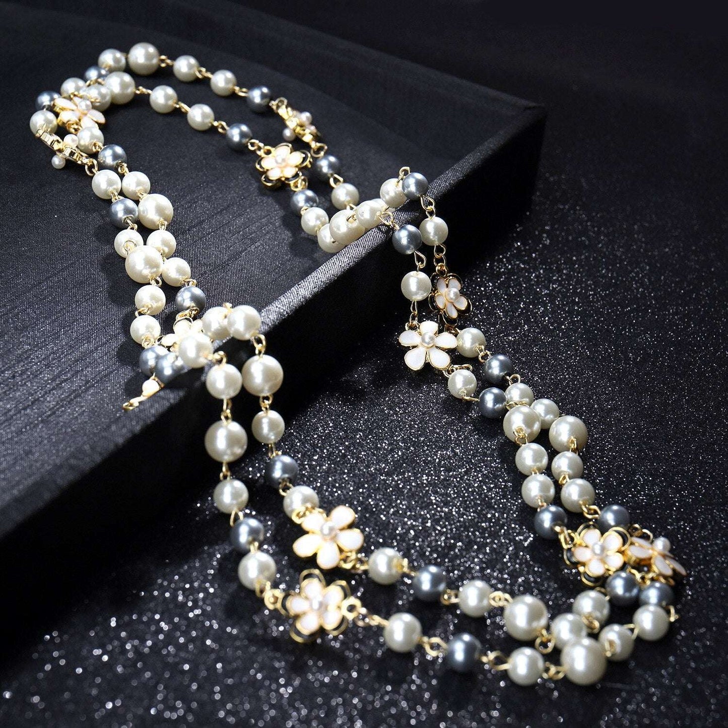 Double Layer Pearls Flower Long Necklace - Gifting By Julia M