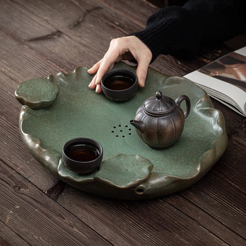 Gilt Lotus Tea Tray Tea Set Drainage Tray Household Water Storage Tea Table Ceramic Dry Bubble Table Large Round Drainage Tray - Gifting By Julia M