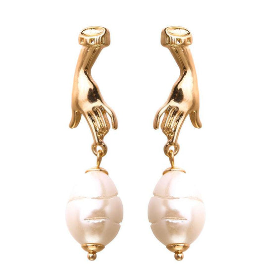 Gold Pearl Cutout Palm Earrings - Gifting By Julia M