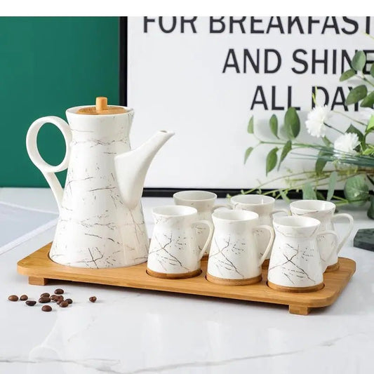 Marble Series Tea Set Nordic Ceramic Coffee Mugs with Teapot Tea Set Family Breakfast Milk Cups Saucer Afternoon Tableware Suit  Gifting By Julia M   