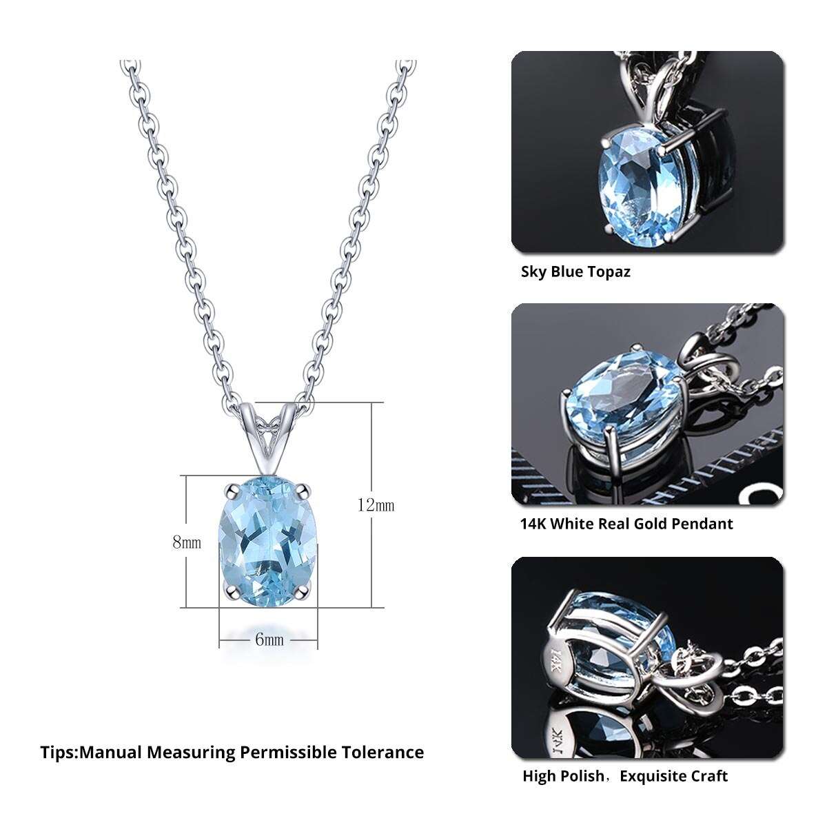 Natural Sky Blue Topaz 14K Real White Gold Pendant Necklaces gifting by julia m   