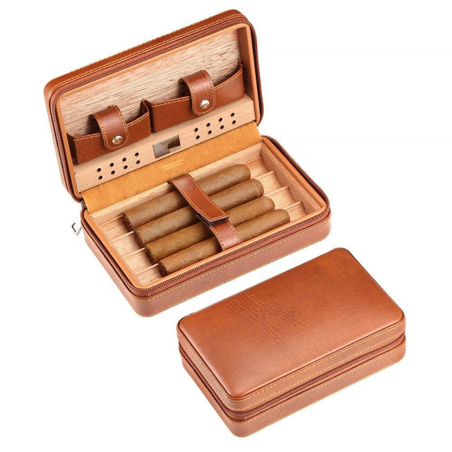 Portable Cedar Wood Cigar Humidor Travel Leather Case - Gifting By Julia M